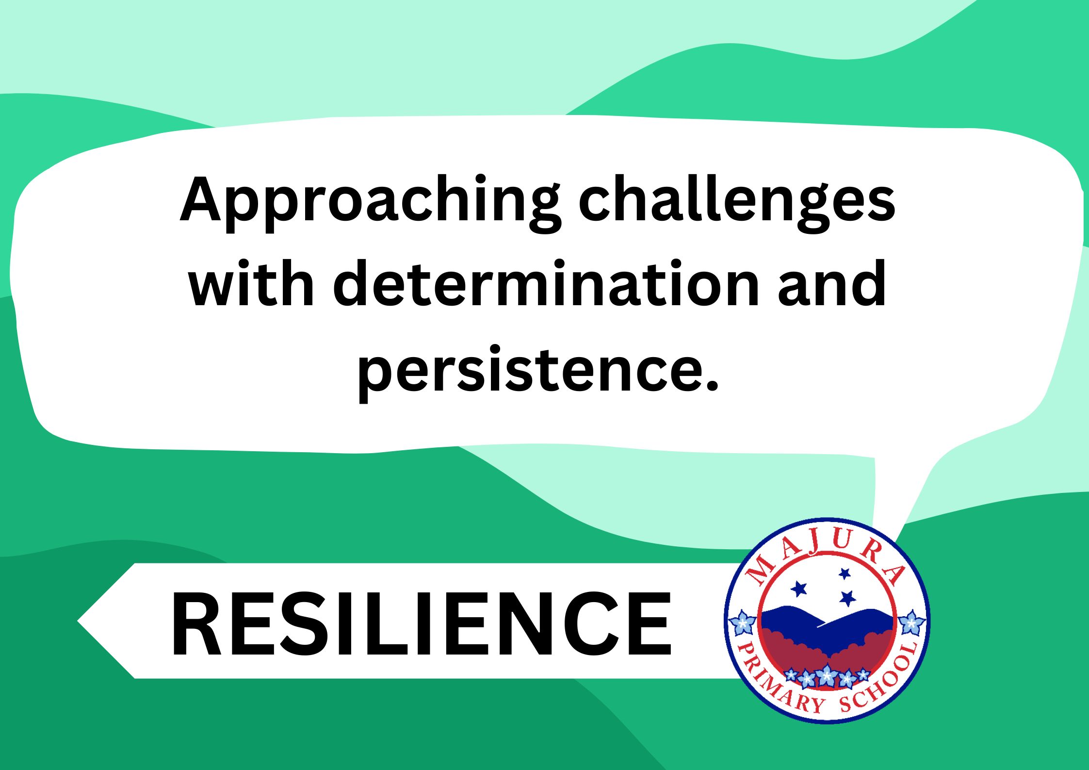 Next to the Majura Primary logo is the word 'Resilience'. Above this is a speech bubble that reads 'Approaching challenges with determination and persistence'.